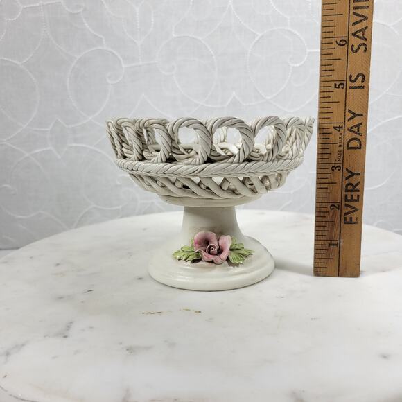 Vintage Capodimonte Pedestal Bowl 4.25" Pink Flower Woven Porcelain Basket - Picture 7 of 16